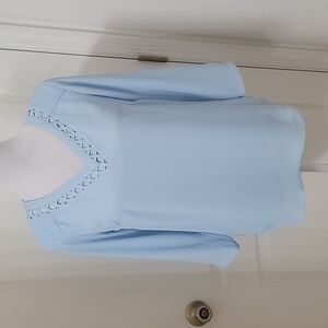 The Limited Size XS Light Blue Lattice Cutout V-Neck 3/4 Sleeve Blouse, NEW